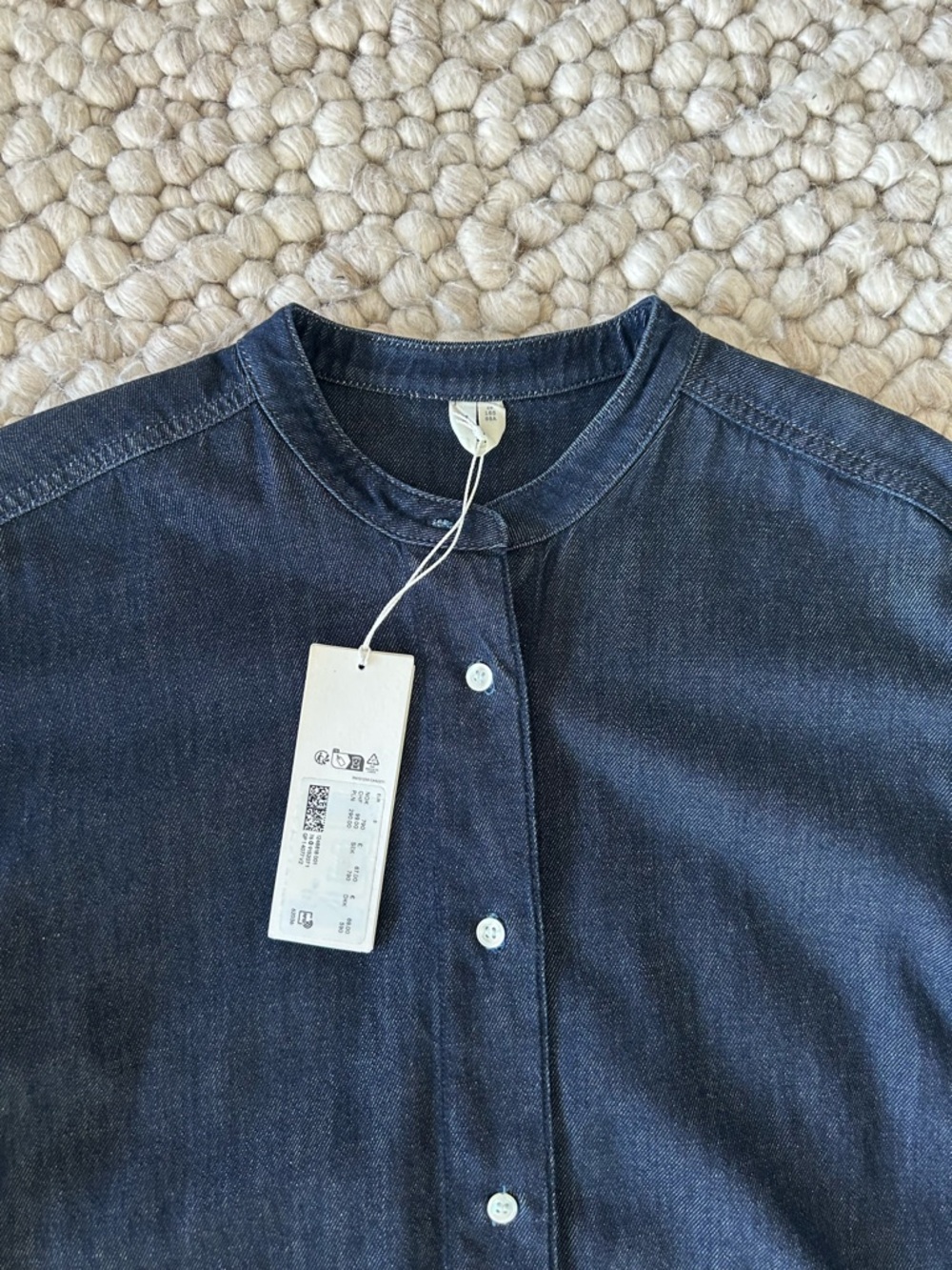 ARKET collarless 3/4 sleeve raw denim button up shirt - Picture 6 of 8